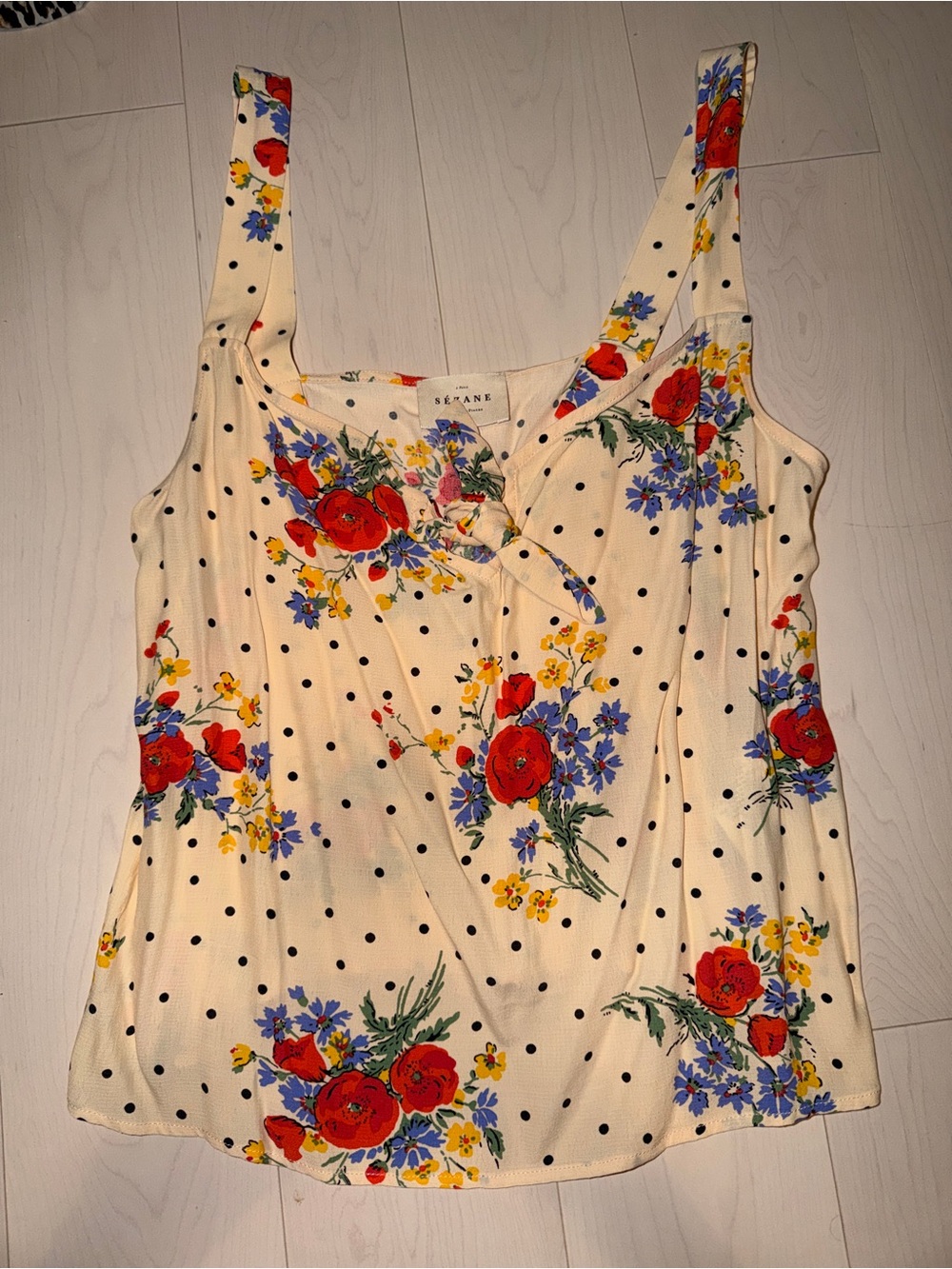 SEZANE Cream Floral Polka Dot Tie-Front Cami